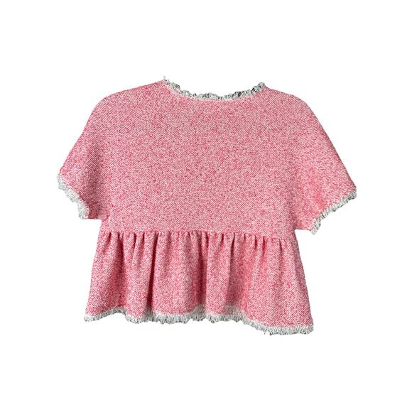 Rebecca Taylor Pink Coral Tweed Short Sleeve Fringe Raw Hem Crop Blouse Size 2 - Picture 3 of 7